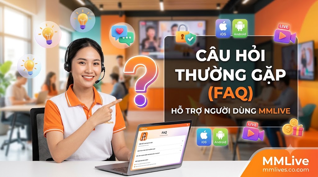 Hình ảnh nhân viên chăm sóc khách hàng MMLive mỉm cười hỗ trợ giải đáp các câu hỏi thường gặp (FAQ). Giao diện trực quan nổi bật các biểu tượng hệ điều hành iOS, Android, bảo mật tài khoản, cùng dòng chữ "Câu Hỏi Thường Gặp (FAQ) - Hỗ trợ người dùng MMLive" và tên miền fencingchannel.tv.