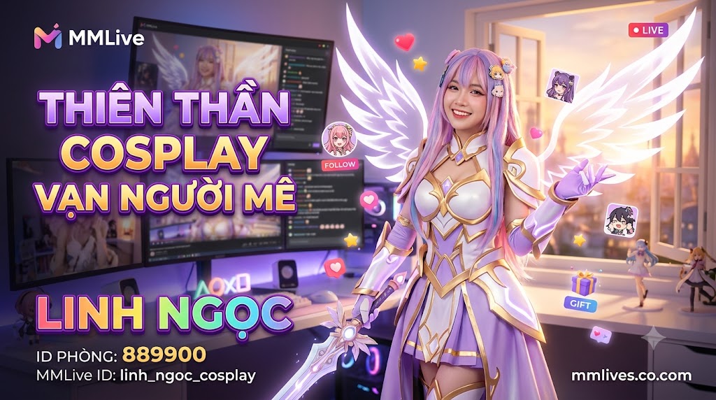 Banner hồ sơ Idol Cosplay MMLive Linh Ngọc, ID phòng 889900. Hình ảnh nữ streamer hóa trang thành nữ chiến binh thiên thần anime vô cùng xinh đẹp và lộng lẫy trong không gian phòng live, kèm dòng chữ 'Thiên thần Cosplay vạn người mê' và tên miền fencingchannel.tv.