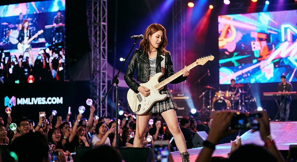 Nữ nghệ sĩ trẻ mặc áo khoác da đen đang chơi đàn guitar điện và hát trên sân khấu lớn tại một buổi concert. Màn hình LED phía sau hiển thị logo 'MMLIVES.COM'. Khán giả trong foreground giơ cao lightstick và điện thoại.