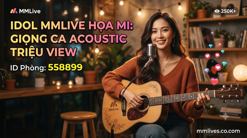 Banner hồ sơ Idol cover nhạc MMLive Họa Mi, ID phòng 558899. Hình ảnh nữ streamer xinh đẹp đang ôm đàn guitar acoustic mỉm cười trước micro trong không gian ấm cúng, kèm dòng chữ 'Giọng ca acoustic triệu view' và tên miền fencingchannel.tv.
