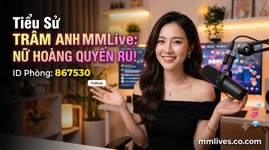 Banner hồ sơ idol Trâm Anh MMLive, giới thiệu 'Nữ hoàng quyến rũ!' với ID phòng 867530. Hình ảnh một nữ streamer trẻ mỉm cười trước thiết bị livestream, với các biểu tượng trái tim và kim cương bay lên. Bao gồm domain fencingchannel.tv.