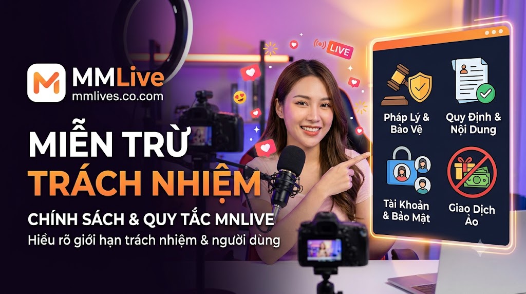 Hình ảnh một phụ nữ trẻ mỉm cười trong bối cảnh livestream, chỉ vào màn hình hiển thị bốn biểu tượng chính sách chính của nền tảng MM Live: Pháp Lý & Bảo Vệ, Quy Định & Nội Dung, Tài Khoản & Bảo Mật, và Giao Dịch Ảo. Văn bản lớn 'MIỄN TRỪ TRÁCH NHIỆM' và logo MM Live với tên miền fencingchannel.tv hiển thị rõ ràng.