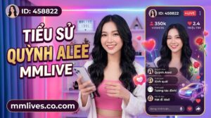 Hình ảnh giới thiệu tiểu sử Quỳnh Alee trên MMLive với ID 458822. Ảnh hiển thị Quỳnh Alee cười cầm điện thoại trong studio livestream đèn LED hồng tím. Văn bản lớn "TIỂU SỬ QUỲNH ALEE MMLIVE" và domain fencingchannel.tv được hiển thị rõ, cùng giao diện livestream bên phải với 350k người xem và 2.4 triệu tim.