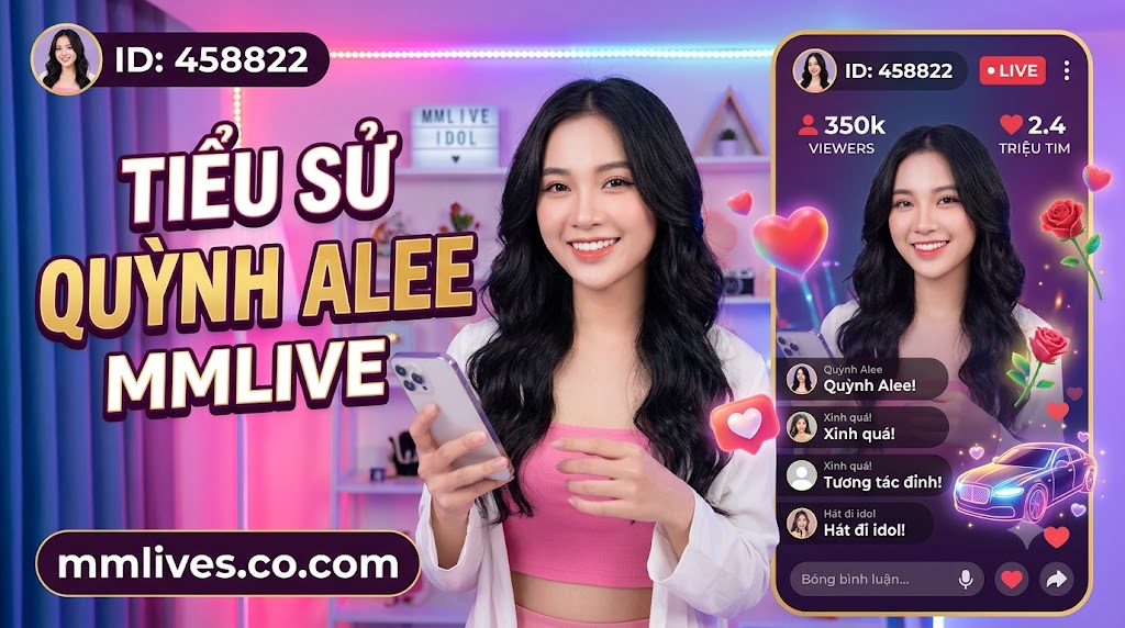 Hình ảnh giới thiệu tiểu sử Quỳnh Alee trên MMLive với ID 458822. Ảnh hiển thị Quỳnh Alee cười cầm điện thoại trong studio livestream đèn LED hồng tím. Văn bản lớn "TIỂU SỬ QUỲNH ALEE MMLIVE" và domain fencingchannel.tv được hiển thị rõ, cùng giao diện livestream bên phải với 350k người xem và 2.4 triệu tim.
