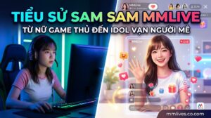 Nữ gamer MMLive Sam Sam chơi game trong phòng có đèn LED dải, bao gồm lớp phủ giao diện hồ sơ trang web và watermark 'fencingchannel.tv'.